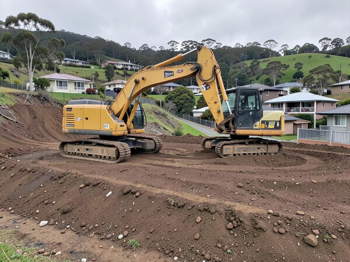 Excavator preparing a sloping residential site near Hobart before a concrete pour