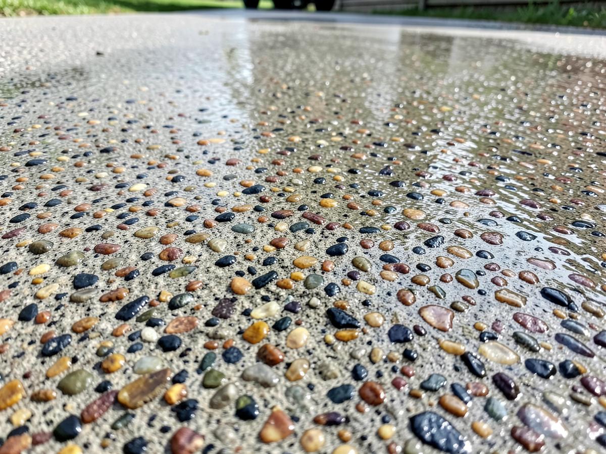Close-up of exposed aggregate concrete driveway finish in Hobart