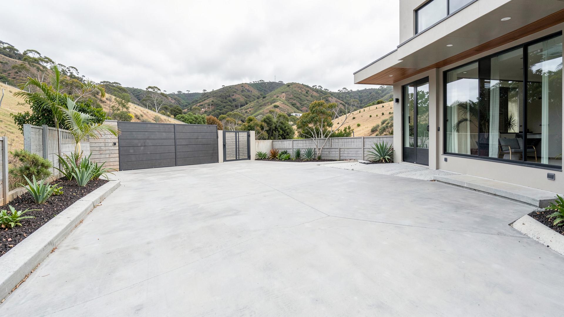Freshly finished concrete driveway at a modern Hobart home with bush-covered hills behind